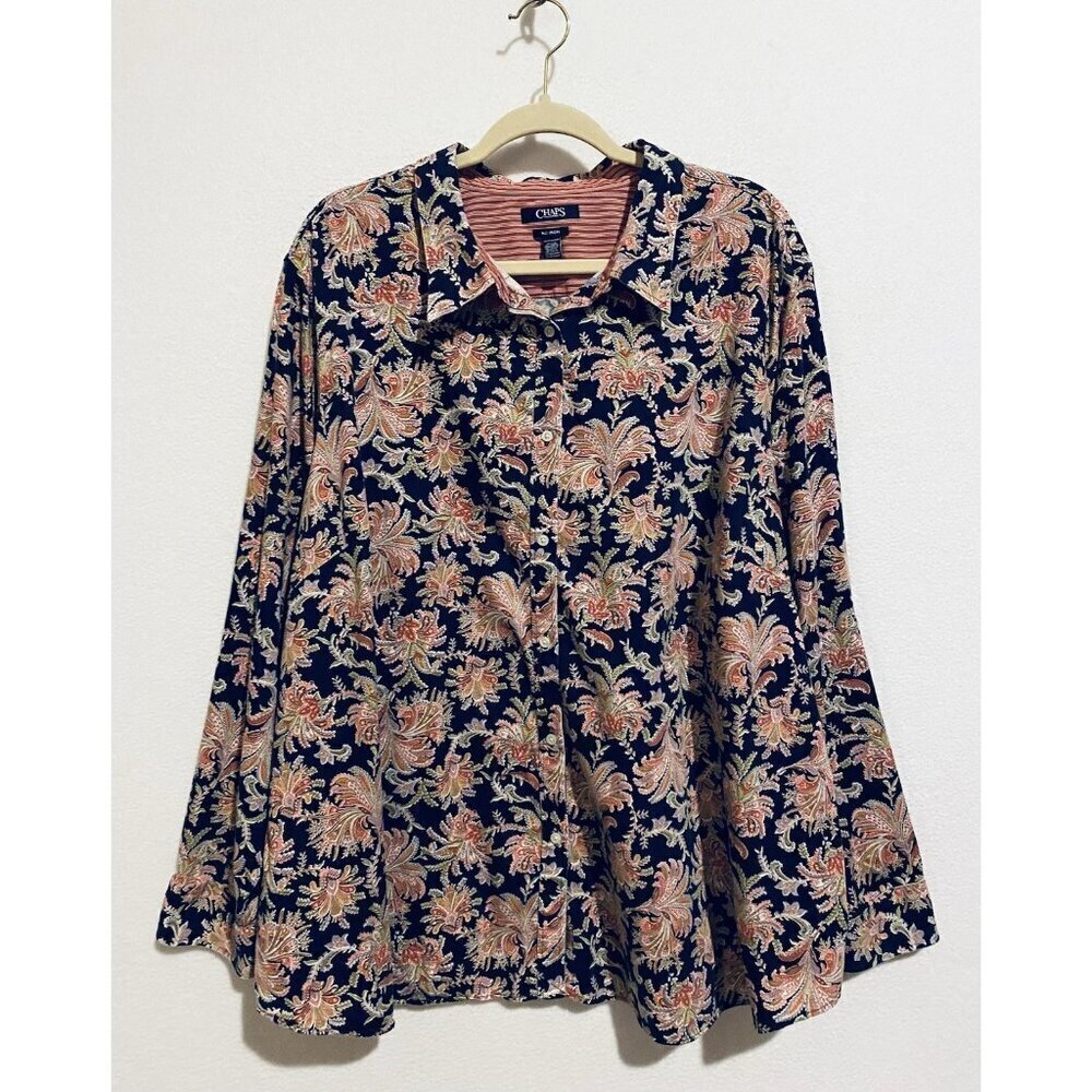 Chaps Top Womens 3X Navy Blue Paisley No Iron Contast Cuff Cotton Feminine